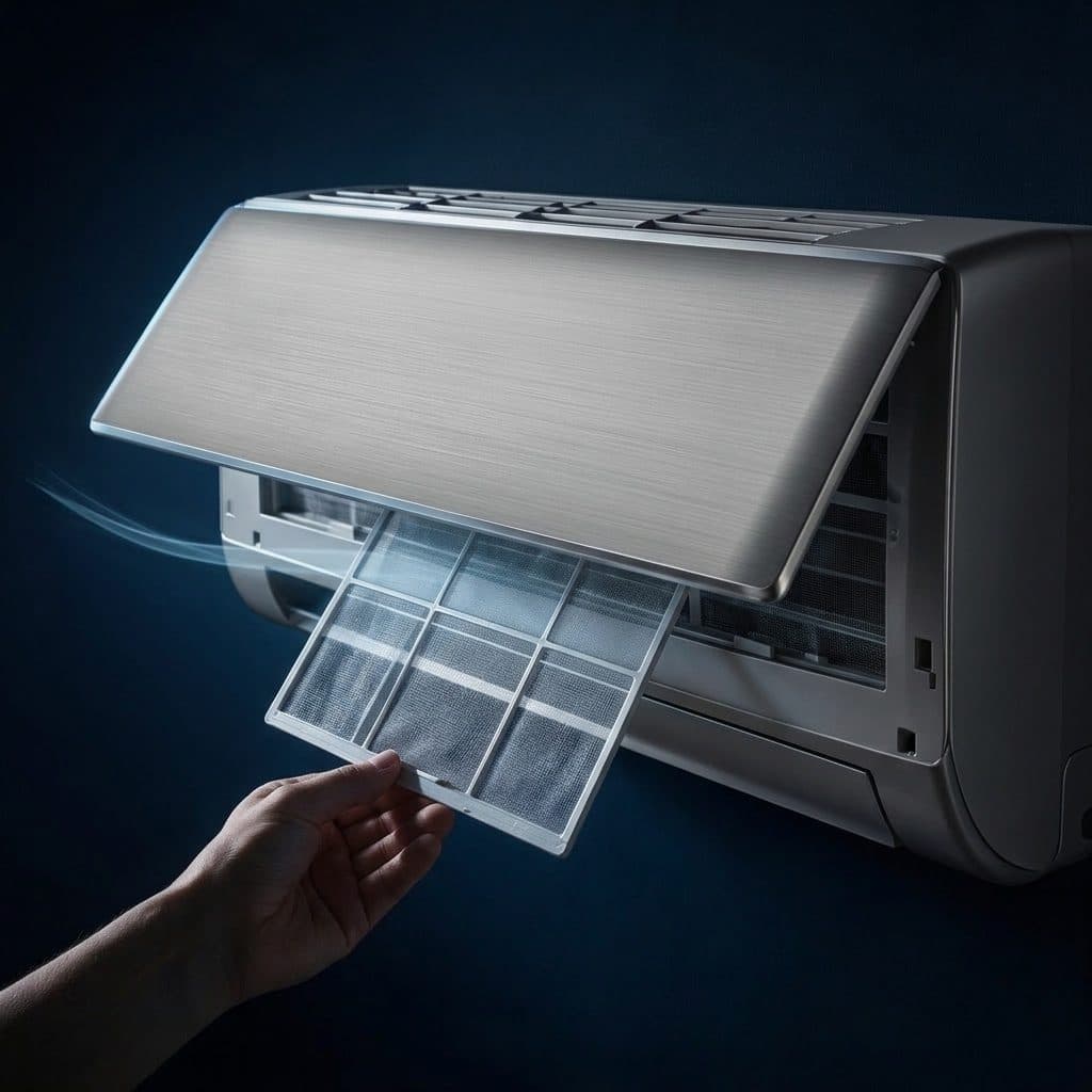 A hand draws a rigid framed mesh filter downward from behind a raised brushed-silver visor panel on a grey wall-mounted air conditioner against a deep navy studio wall, with a faint light trail at the left.