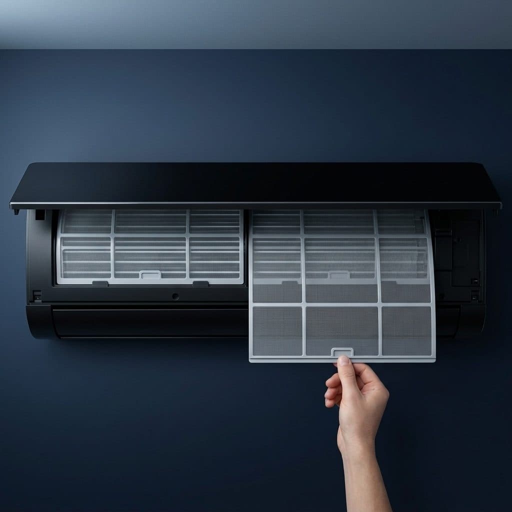 A hand pulls a rigid framed mesh air filter down out of a glossy black wall-mounted air conditioner whose front panel is tilted up on its top hinge, against a deep navy wall.