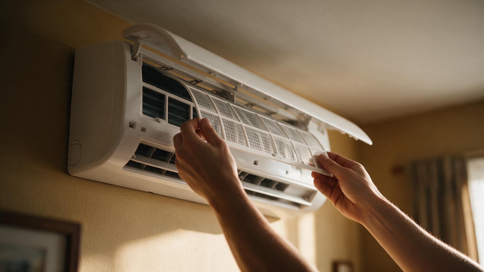 Two hands pull a mesh filter out from under the raised front panel of a white wall-mounted air conditioner in a warm room.