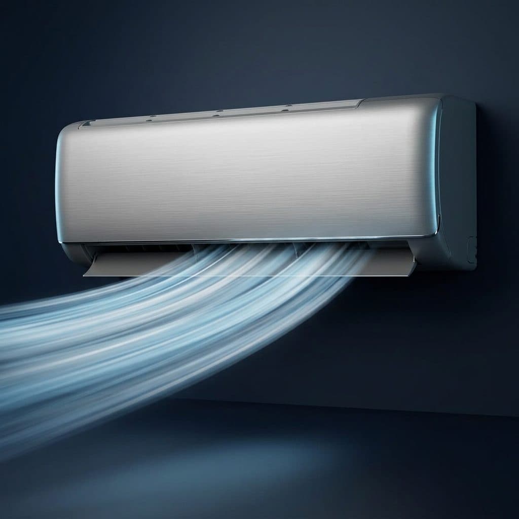 A brushed-silver wall-mounted air conditioner hangs on a dark navy studio wall above a dimly lit floor, with long bands of pale blue moving air sweeping down and to the left from its open bottom flap.