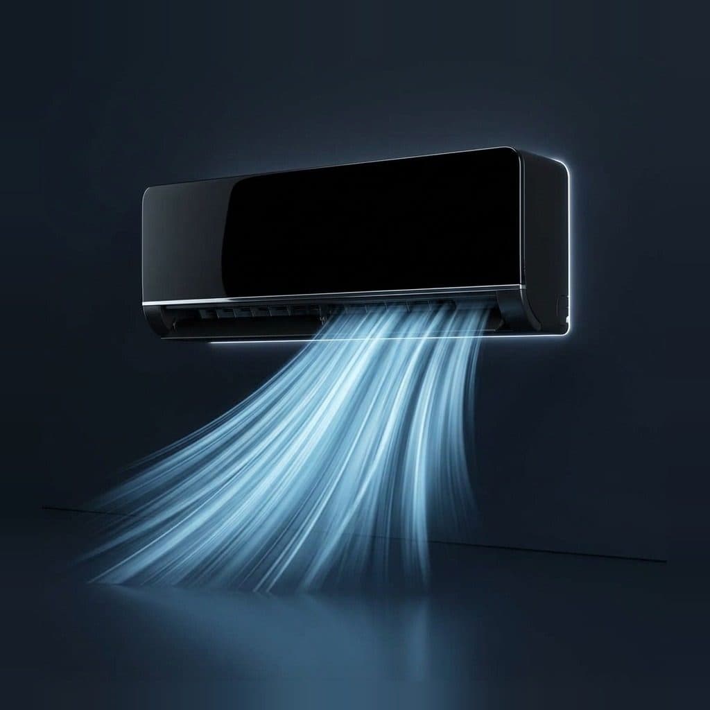 A gloss-black wall-mounted split air conditioner hangs high on a dark navy wall, with a smooth band of blue-white airflow streaks curving down and left from its bottom outlet onto a dark reflective floor.