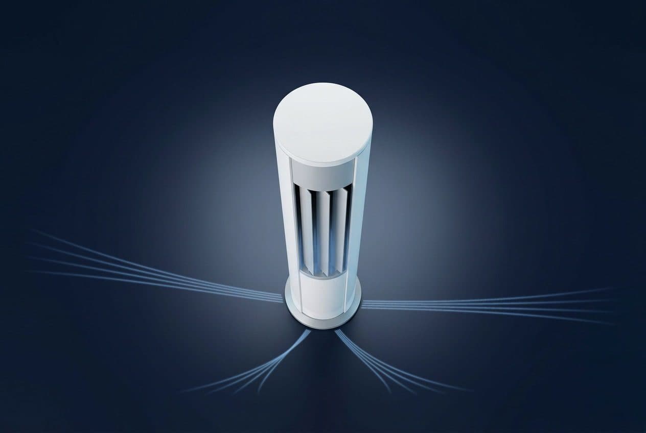 A white cylindrical floor-standing air conditioner on a round silver plinth, seen from high above on a deep navy floor, with faint blue light inside its open vertical louvre and four bundles of thin blue air lines spreading across the floor to the left, front-left, front-right and right.