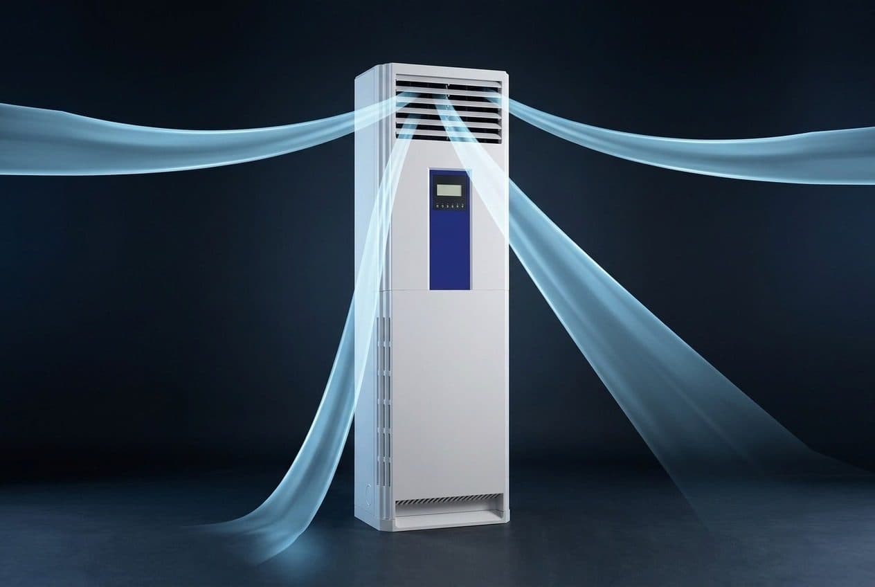 A white floor-standing air conditioner with a blue display strip stands on a navy studio floor, and four translucent blue air ribbons fan out from its top louvre grille to the left, to the right, down along its left side and down-right toward the camera.
