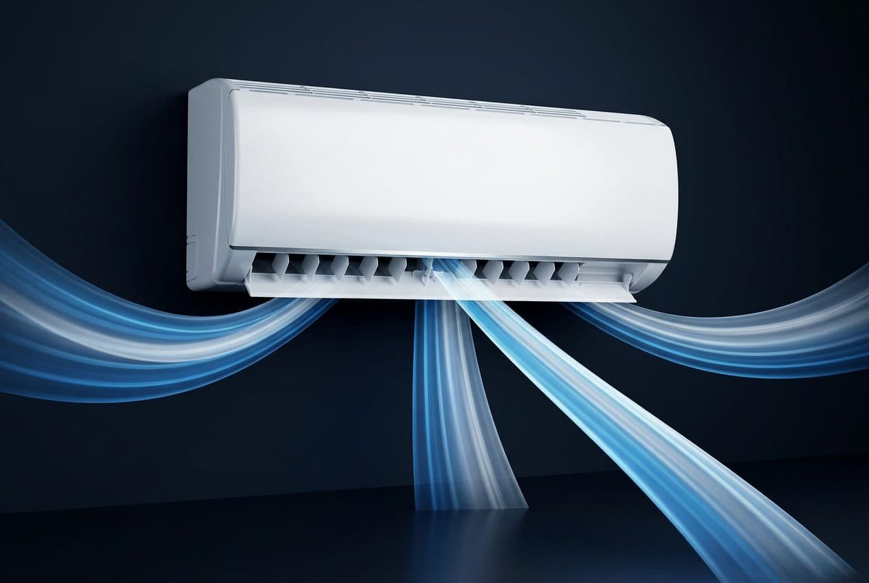 A white wall-mounted split air conditioner hangs high on a dark navy studio wall with its louvre open, and four blue-white air ribbons leave the bottom outlet: one sweeps left, one sweeps right, one falls straight down to the reflective floor and one angles forward and down.
