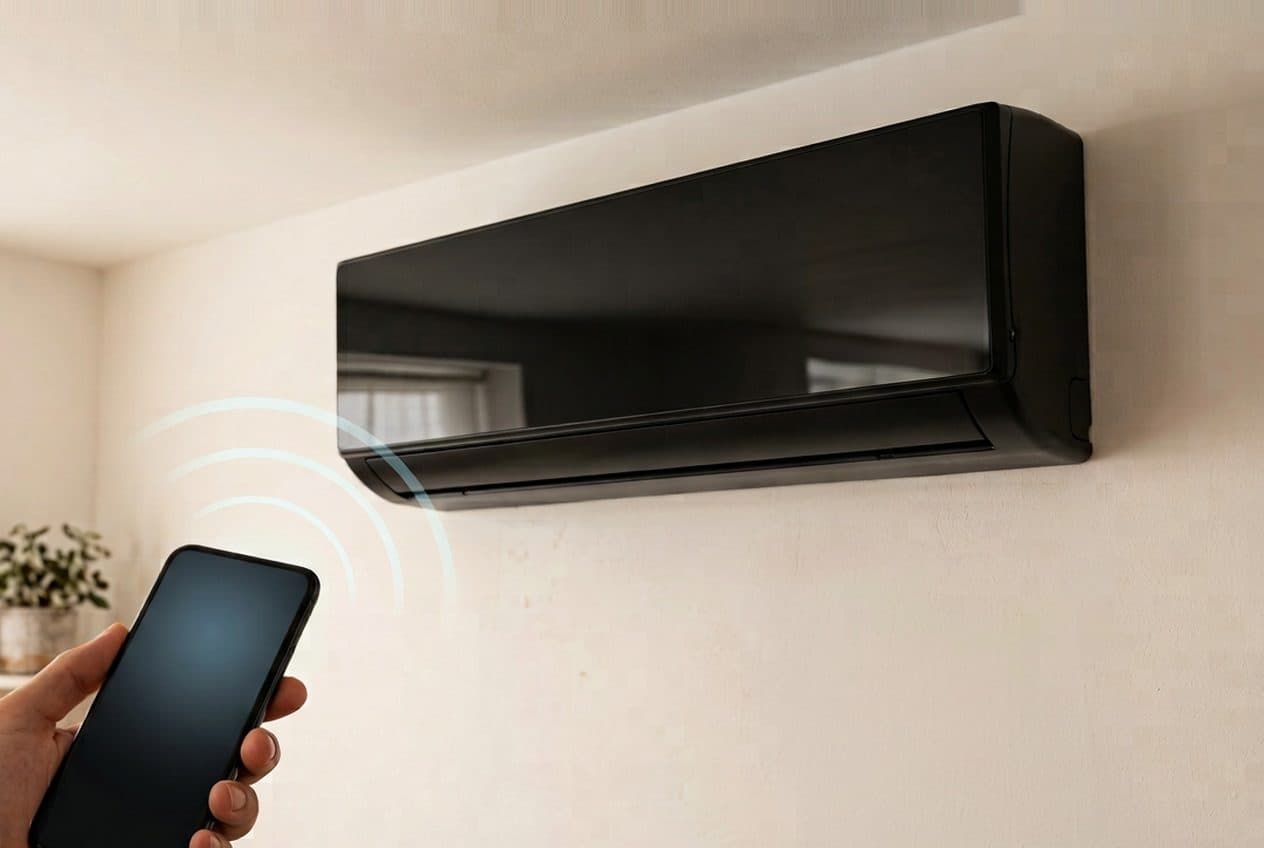 A black gloss wall-mounted split air conditioner hangs high on a warm cream wall near the ceiling, while a hand at lower left holds a phone with a dark glass screen and three faint blue signal arcs rise between the phone and the unit.