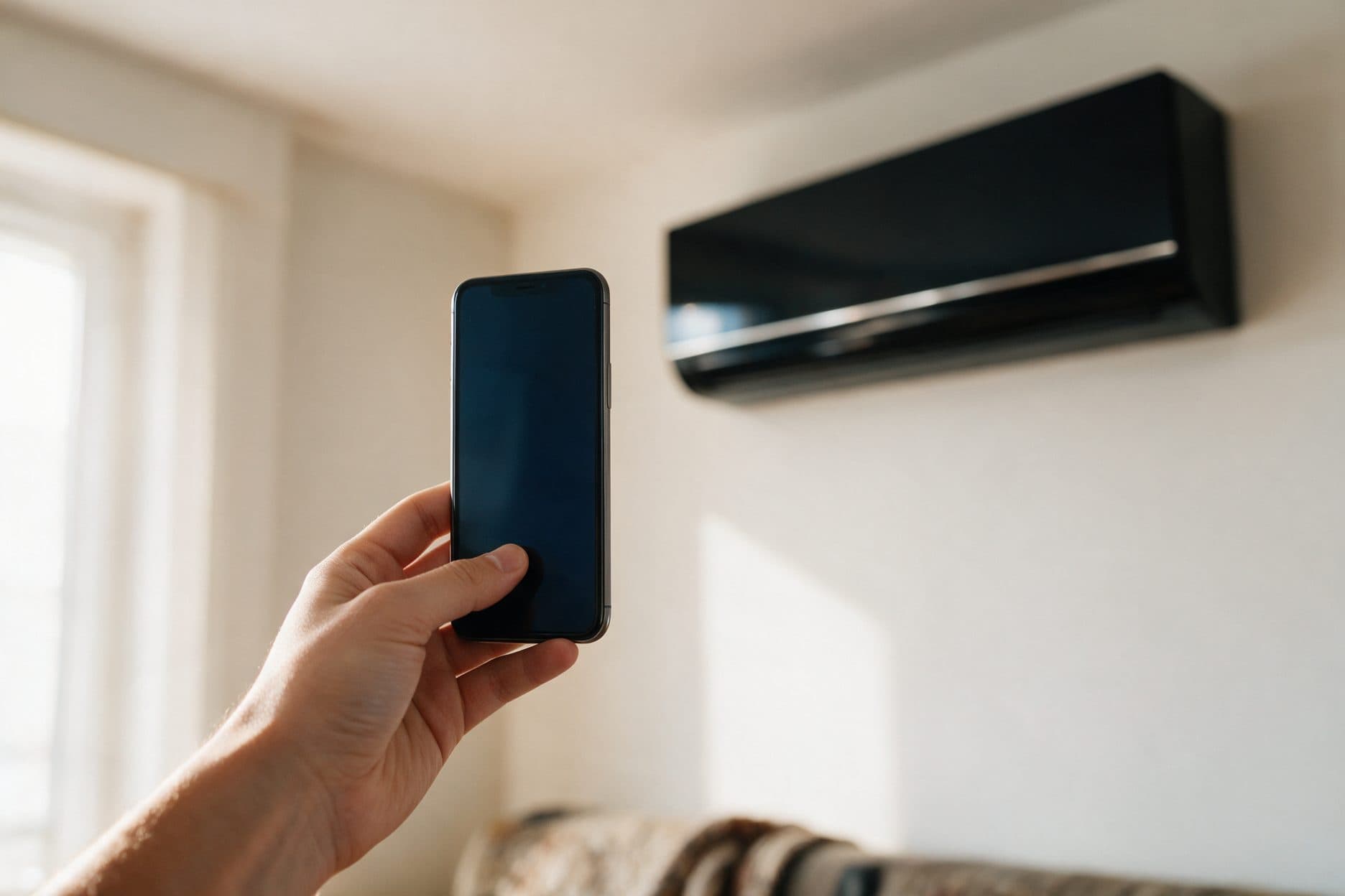 A hand holds up a smartphone with a blank dark screen in a bright, sunlit living room, with a black wall-mounted split air conditioner blurred in the background above a sofa.