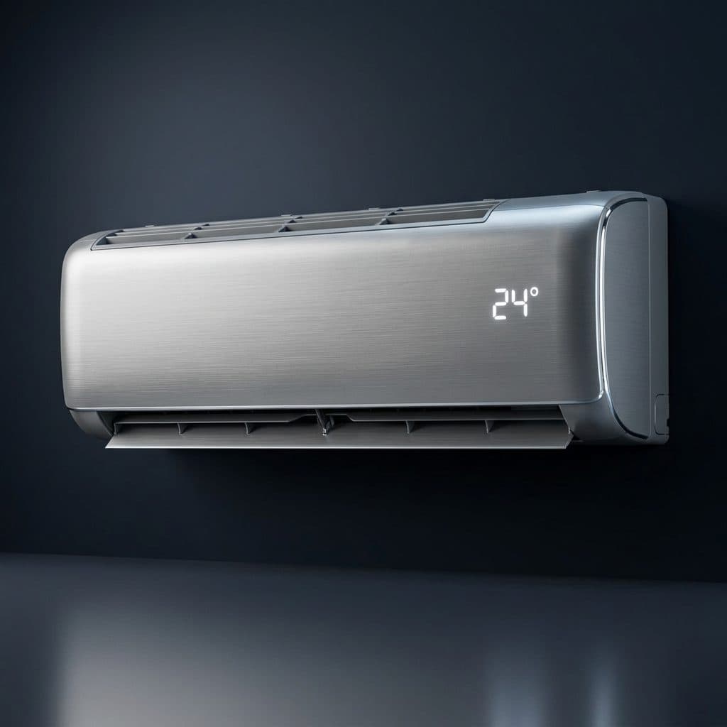 A brushed-silver wall-split indoor unit is shown large and three-quarter on against a charcoal-navy studio wall, with crisp ice-white 7-segment digits reading 24° glowing through the plain fascia right of centre, above a softly reflective floor.