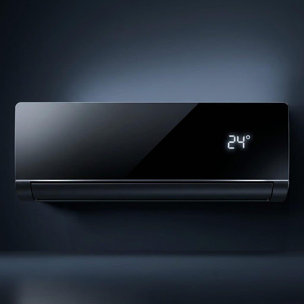 A gloss-black wall-mounted air conditioner hangs on a dark charcoal studio wall, with a white "24°" temperature readout glowing through its plain front panel.