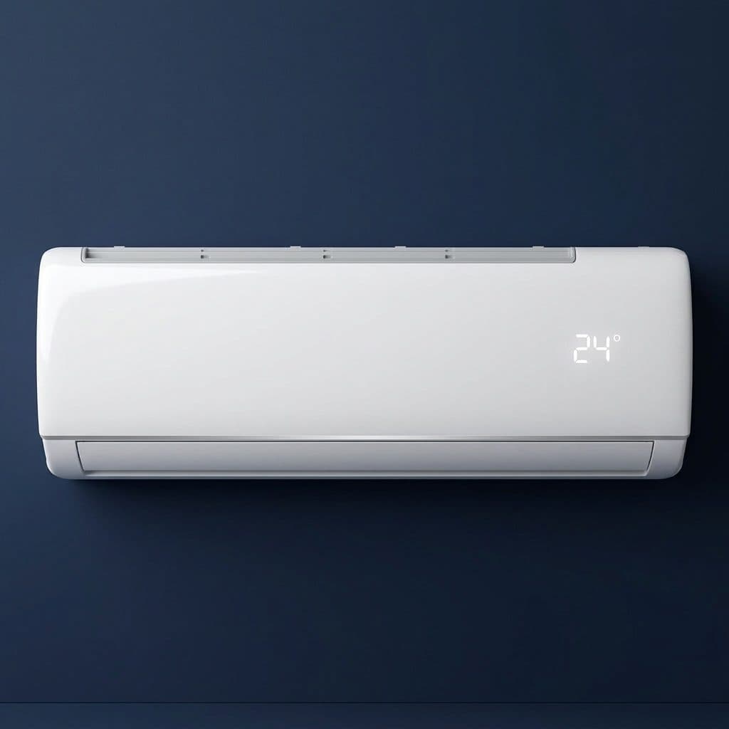 A gloss-white wall-mounted air-conditioner indoor unit hangs on a deep-navy wall, seen straight on with its louvre closed, and a small glowing "24°" shows through the right side of its plain front panel.