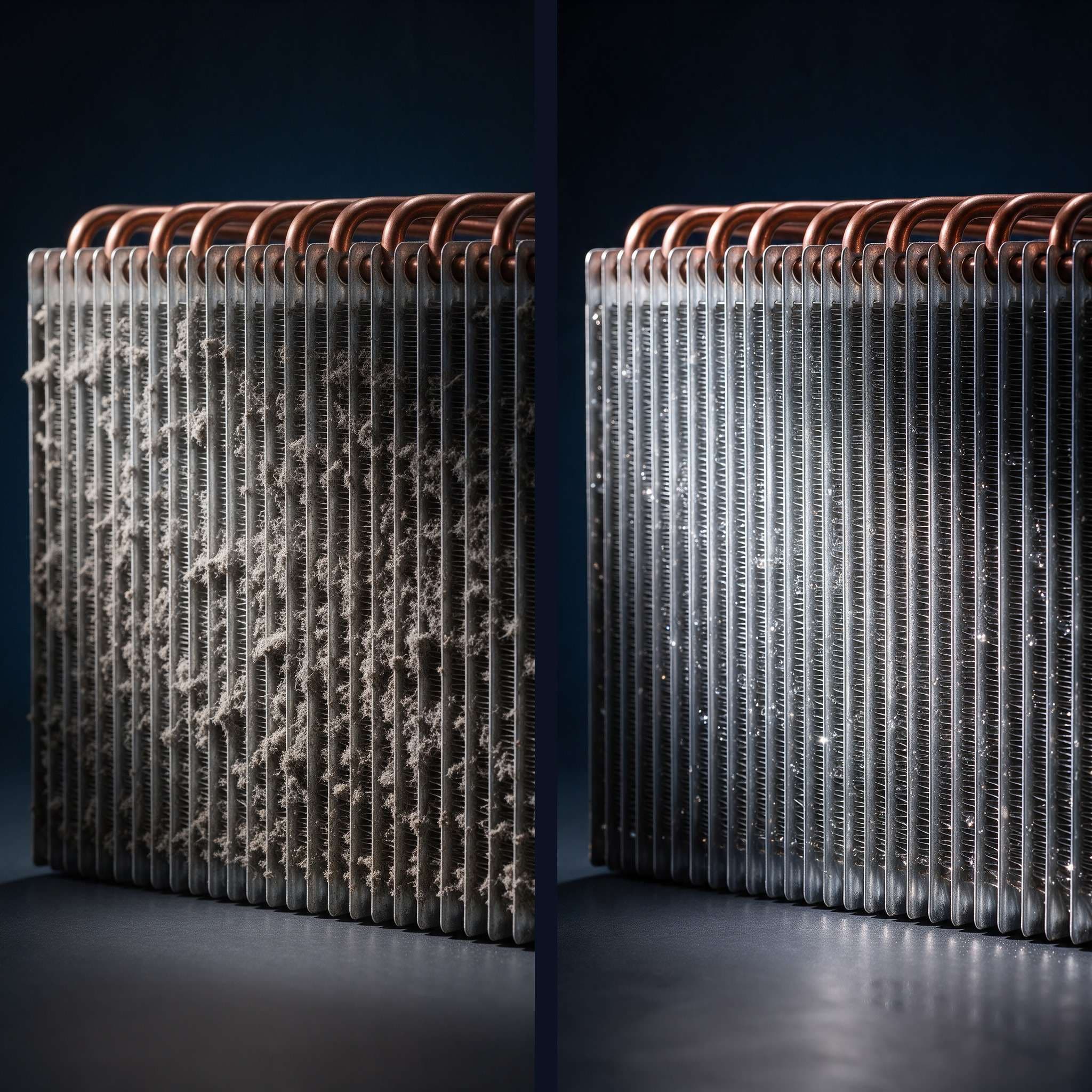 A square before-and-after diptych in a navy studio shows an evaporator coil with copper hairpin tubes on a dark reflective floor, the left half clogged with grey dust and lint and the right half bare, bright, polished aluminium fins.