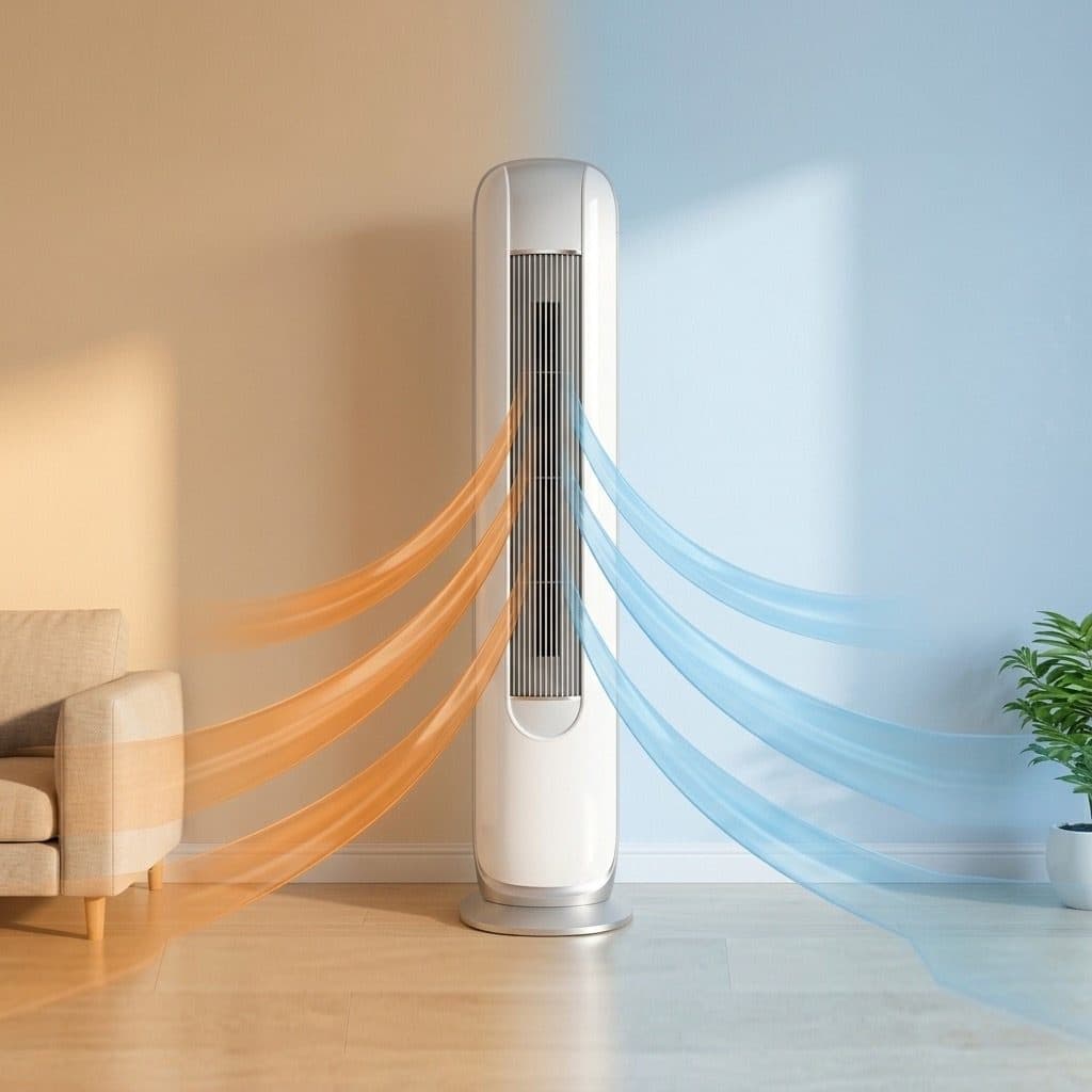 A white floor-standing air conditioner stands against the wall of a living room, with orange air ribbons curving out to the left over a beige sofa in warm amber light and blue air ribbons curving out to the right towards a potted plant in cool blue light.