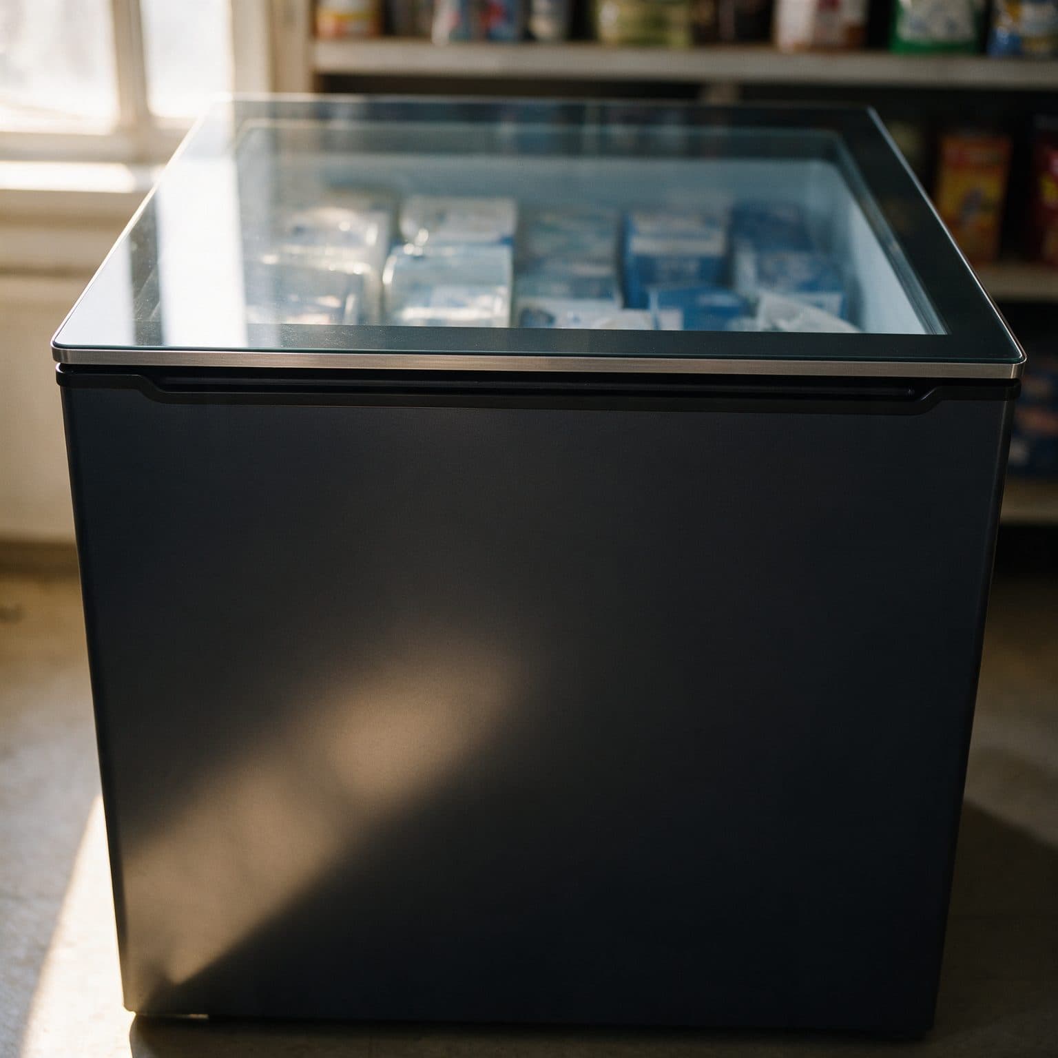 A dark BRUHM chest freezer sits closed in a sunlit shop corner, its glass lid showing stacked dairy cartons inside, with shelves of goods blurred in the background.
