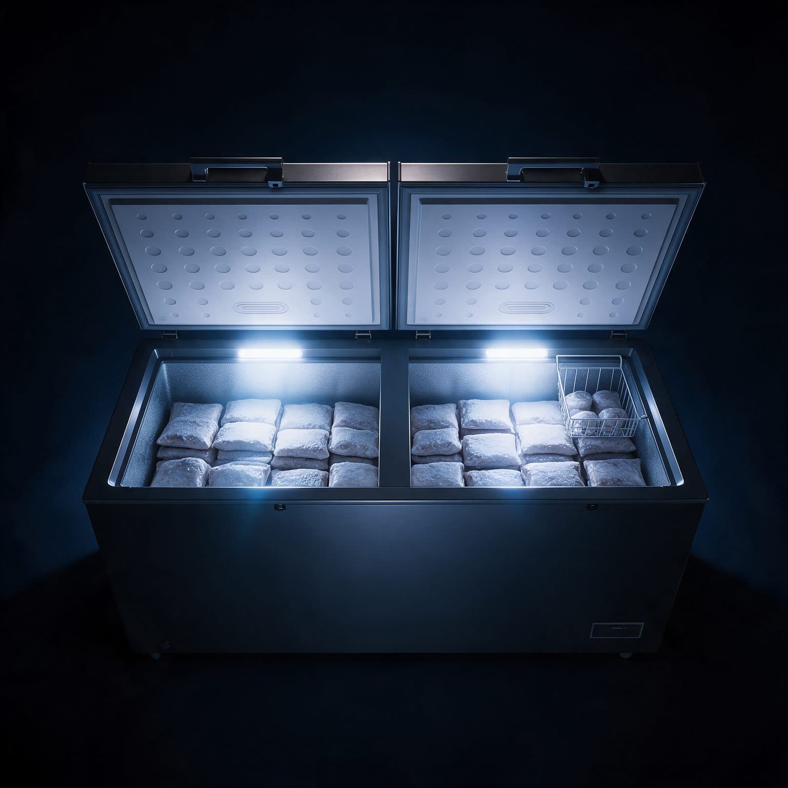 The dark chest freezer sits open with both LED-lit tubs full of frosted frozen packets and a loaded wire basket hanging in the right-hand tub.