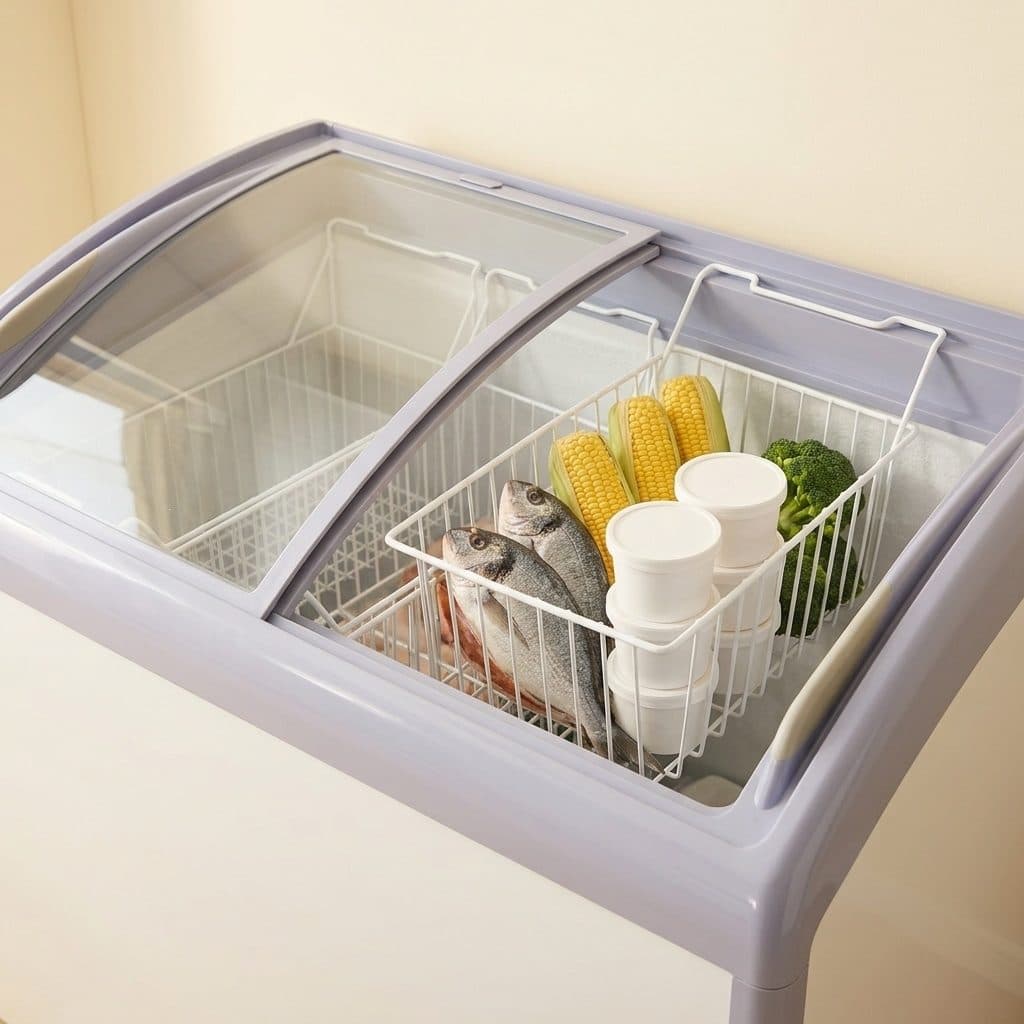 A loaded white wire basket of fish, corn, broccoli and plain white tubs hangs by its hooks from the inner rim of a lavender-trimmed curved-glass freezer, with one pane slid open in a warm cream room.
