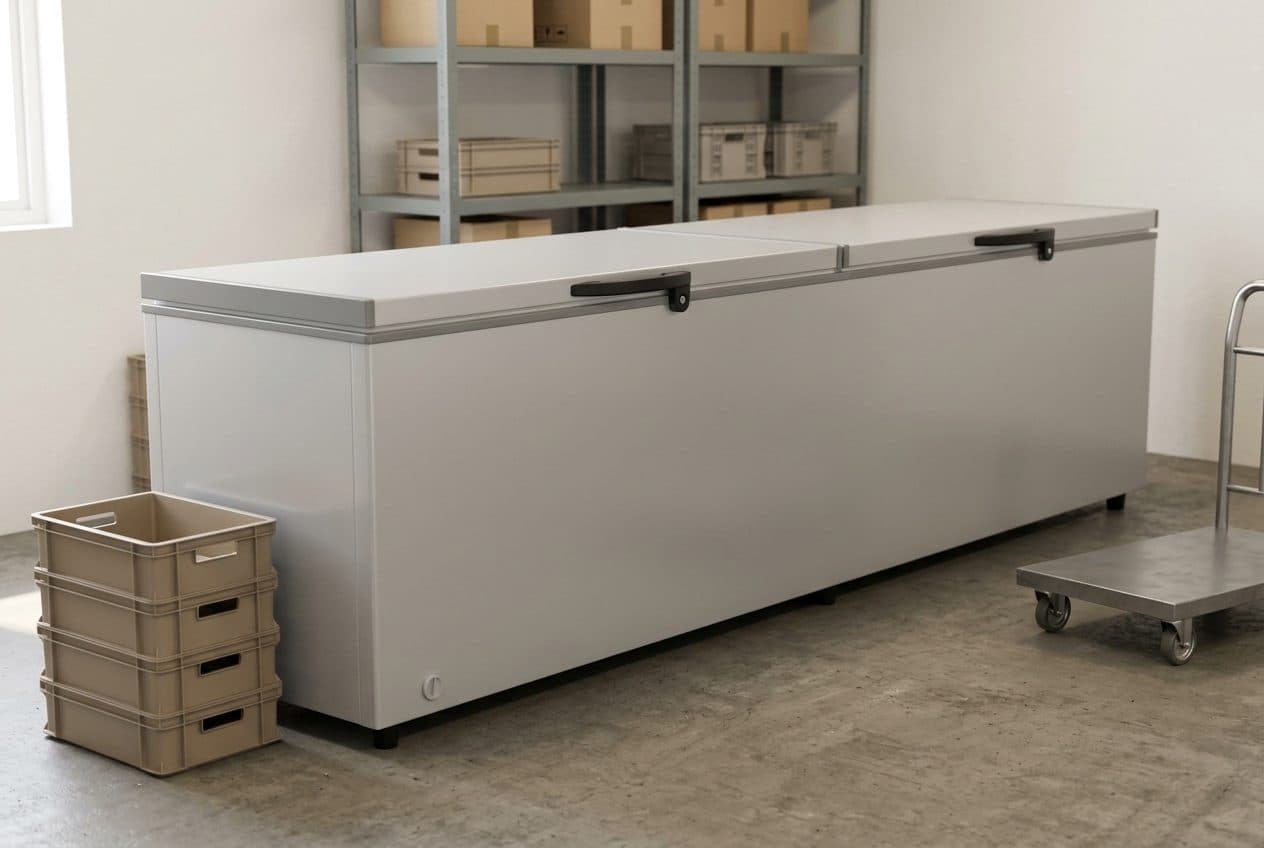 A long, low white double-lid commercial chest freezer stands on a concrete floor in a daylit store room, with steel shelving of plain cartons behind it, a stack of plastic crates at its left end and a steel platform trolley at its right.