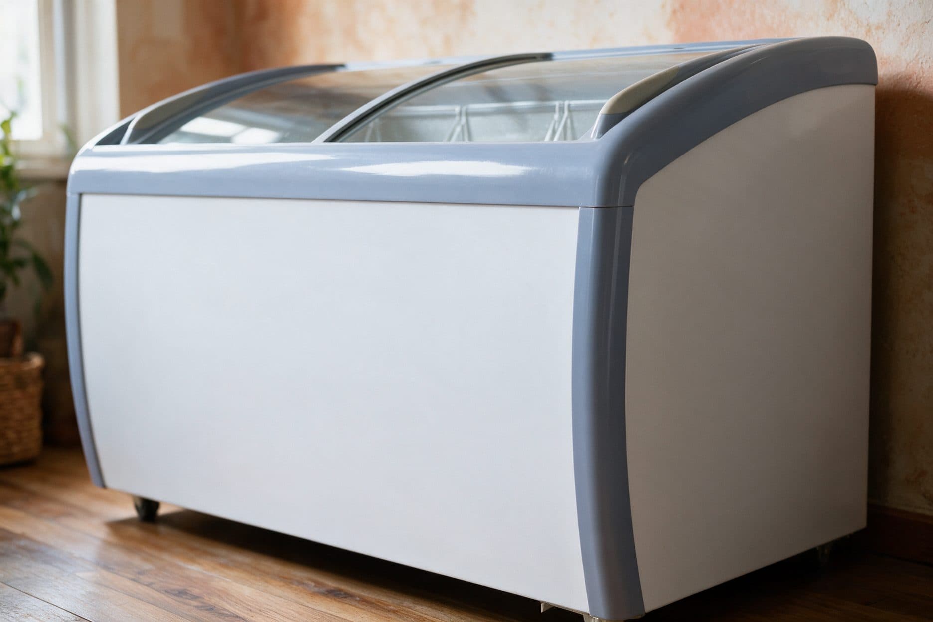A white chest freezer with a grey/blue curved front rail and glass lid sits on a wood floor in a warm, sunlit room with a plant and window in the background.