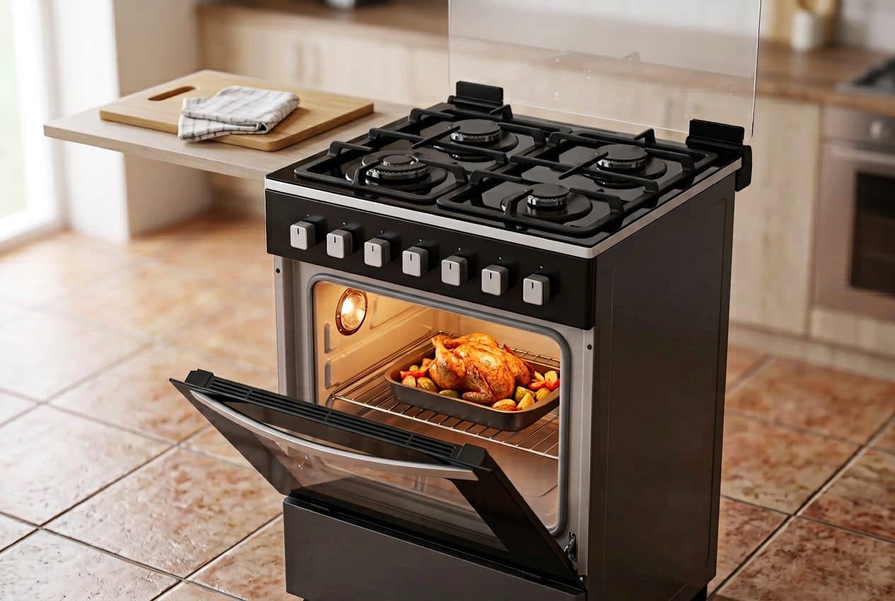 A stainless-and-black freestanding four-burner gas cooker stands in a warm daylit tiled kitchen with its bottom-hinged oven door dropped part open, a round lamp glowing in the cavity side wall and a roast chicken with vegetables in a tray on the shelf.