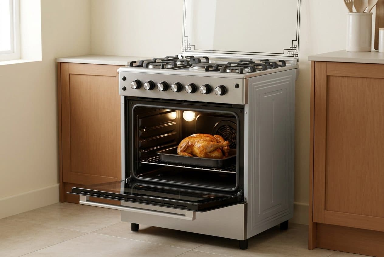 A stainless-steel freestanding gas cooker stands between wooden kitchen cabinets with its glass lid raised and its oven door lowered flat, and a whole roast chicken in a dark tray sits on the rack inside a cavity lit by lamps in its walls.