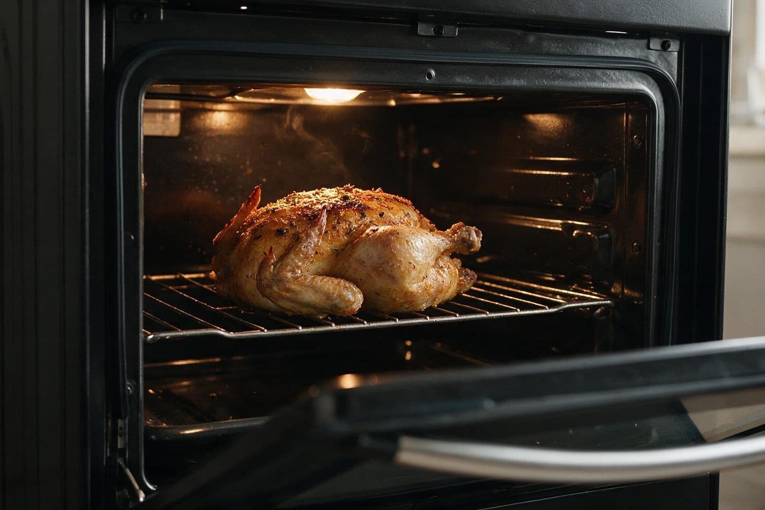 A roast chicken on the rack of an open gas oven, lit by the small lamp in the oven ceiling.