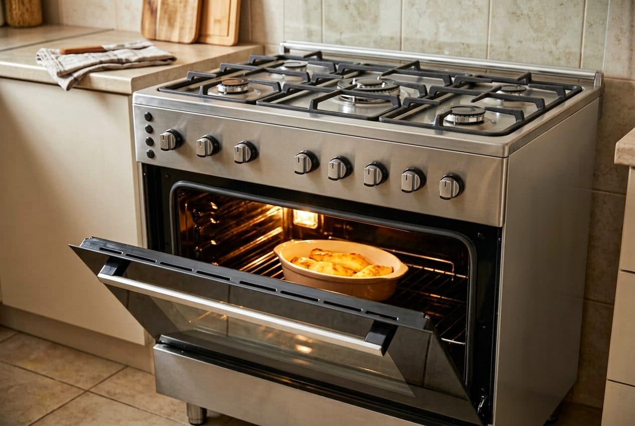 A stainless steel gas range sits in a warm, tiled kitchen with its oven door swung open at the bottom hinge, showing a wire rack holding a ceramic dish of golden roasted food under a lit interior lamp, while the five-burner cast-iron cooktop and knob-studded fascia sit above, lit in soft ~4000K daylight with no visible text or logos.