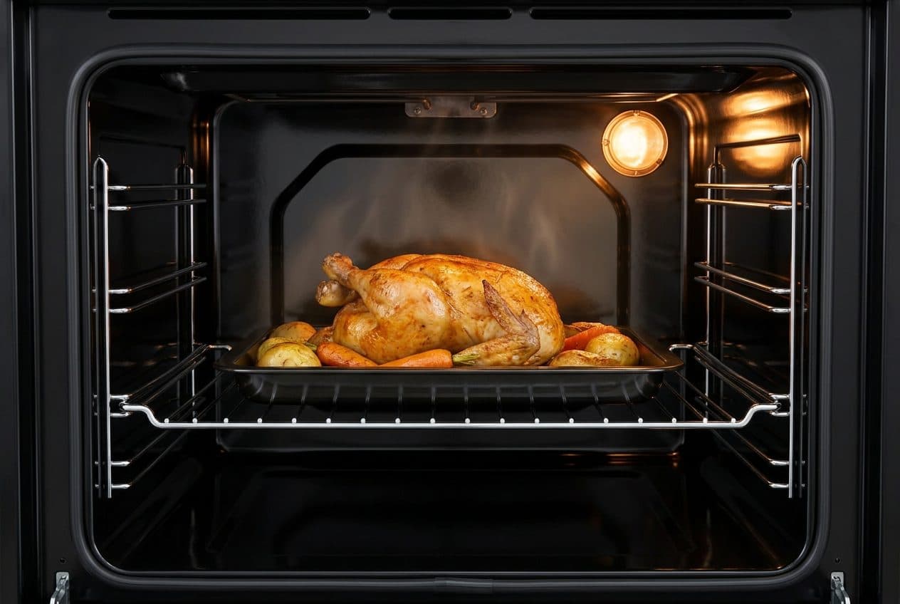A roast chicken with potatoes and carrots sits on a dark roasting tray on a chrome wire shelf inside an open black oven cavity, lit by a round lamp in the upper right of the back wall.