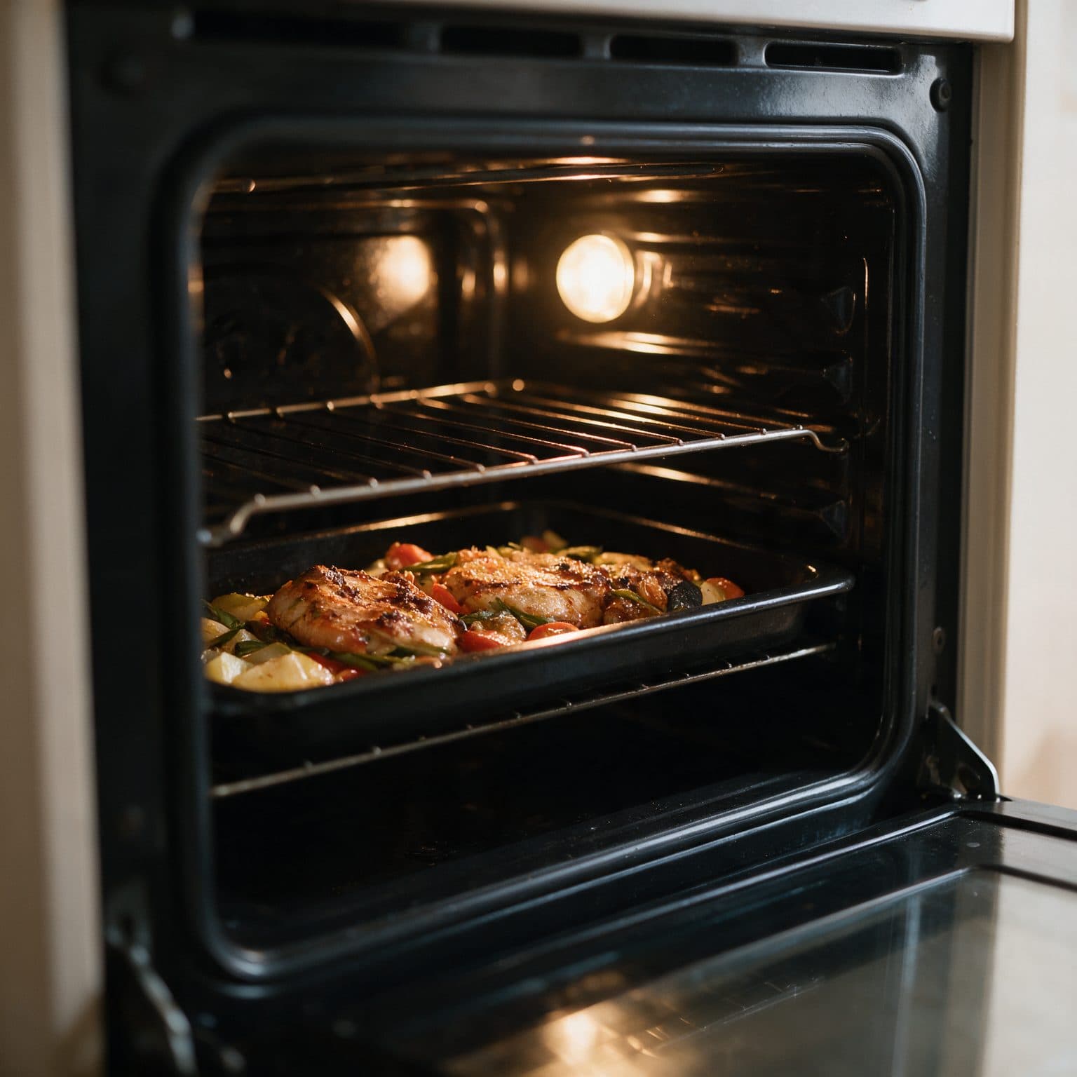 A true 1:1 oven-cavity interior macro with a visibly lit lamp fixture on the back wall throwing light onto a wire rack and food tray, no exterior/control panel in frame.