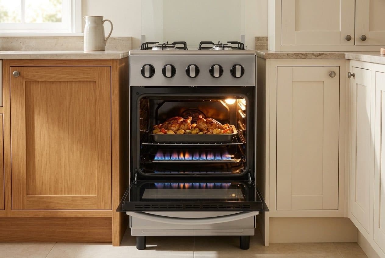 A silver freestanding gas cooker with a glass splashback and five black knobs stands between wooden and cream kitchen cabinets, its lower-hinged oven door open to show a tray of roast chicken and potatoes above a row of blue gas flames.