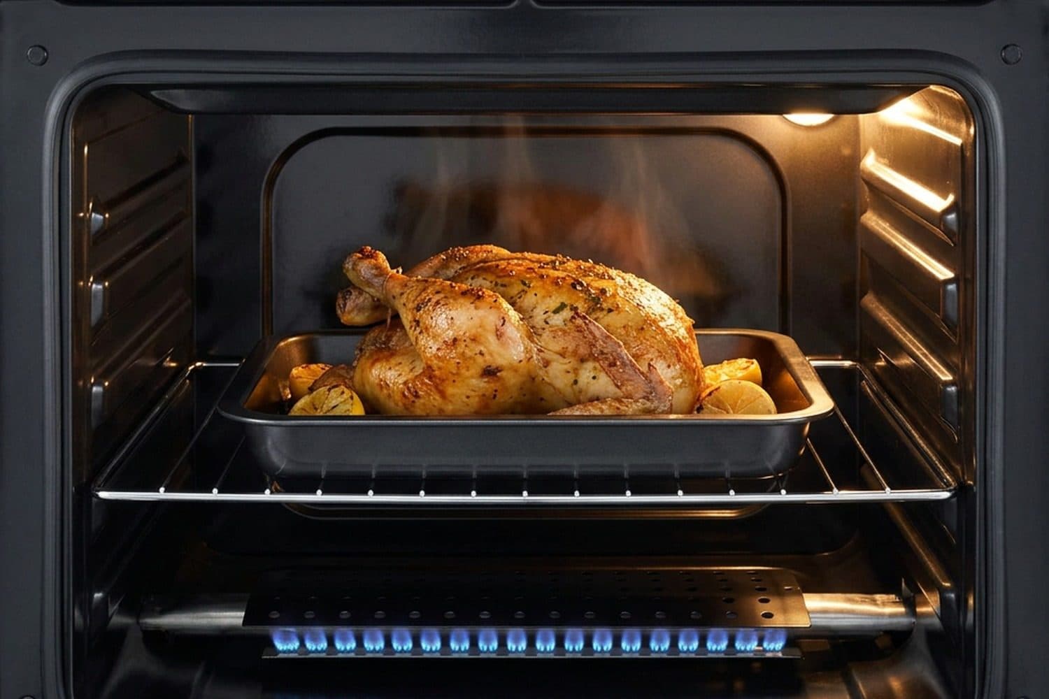 A roast chicken with lemon halves sits in a dark tray on a wire shelf inside a lit black oven cavity, above a low row of blue gas flames burning under a perforated plate on the oven floor.