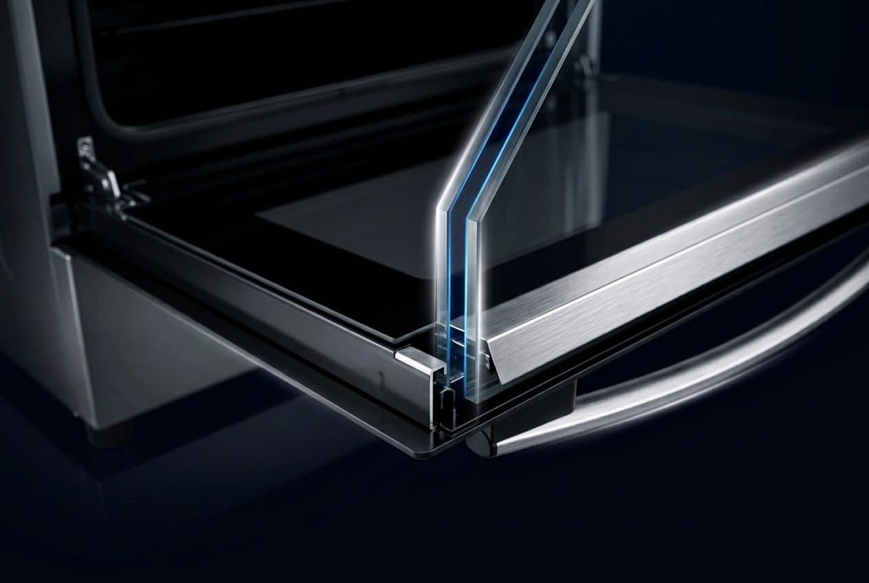 A macro view of the open oven door shows two separate parallel glass panes with a glowing blue air gap between them, set in a brushed-steel frame against a near-black ground.