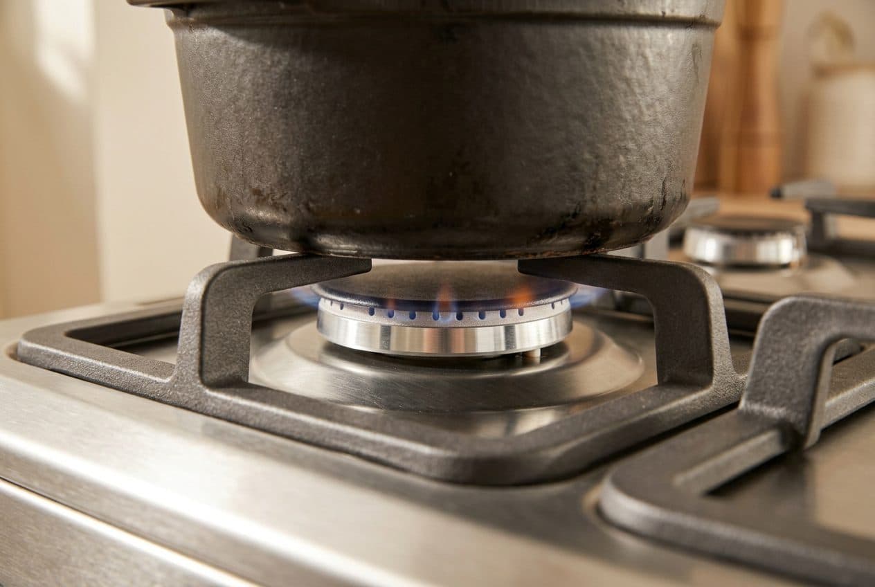 A heavy cast-iron pot sits directly on the stoves matte cast-iron pan-support arms over a glowing gas burner cap, in a warm, soft-lit kitchen setting.