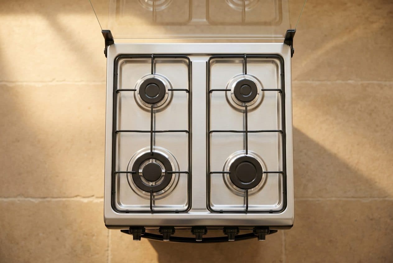 Top-down view of a stainless four-burner freestanding gas cooker on a sunlit sandstone tile floor, with two black wire pan supports, five black knobs along the front edge and its clear glass lid raised at the back.