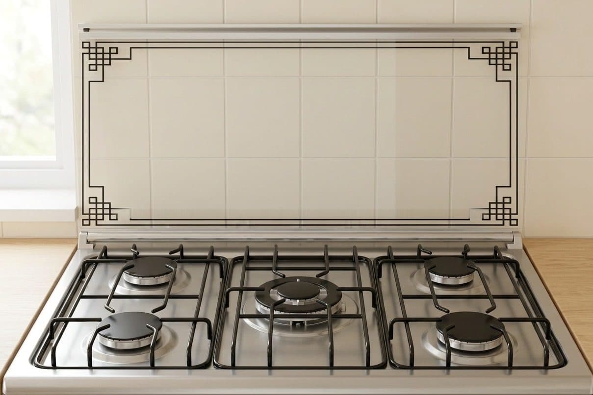 A stainless-steel gas cooker hob with five black burners under three black cast-iron pan-support grids stands against cream wall tiles, with its glass lid raised behind it showing a black geometric border, and a wooden worktop and window on either side.