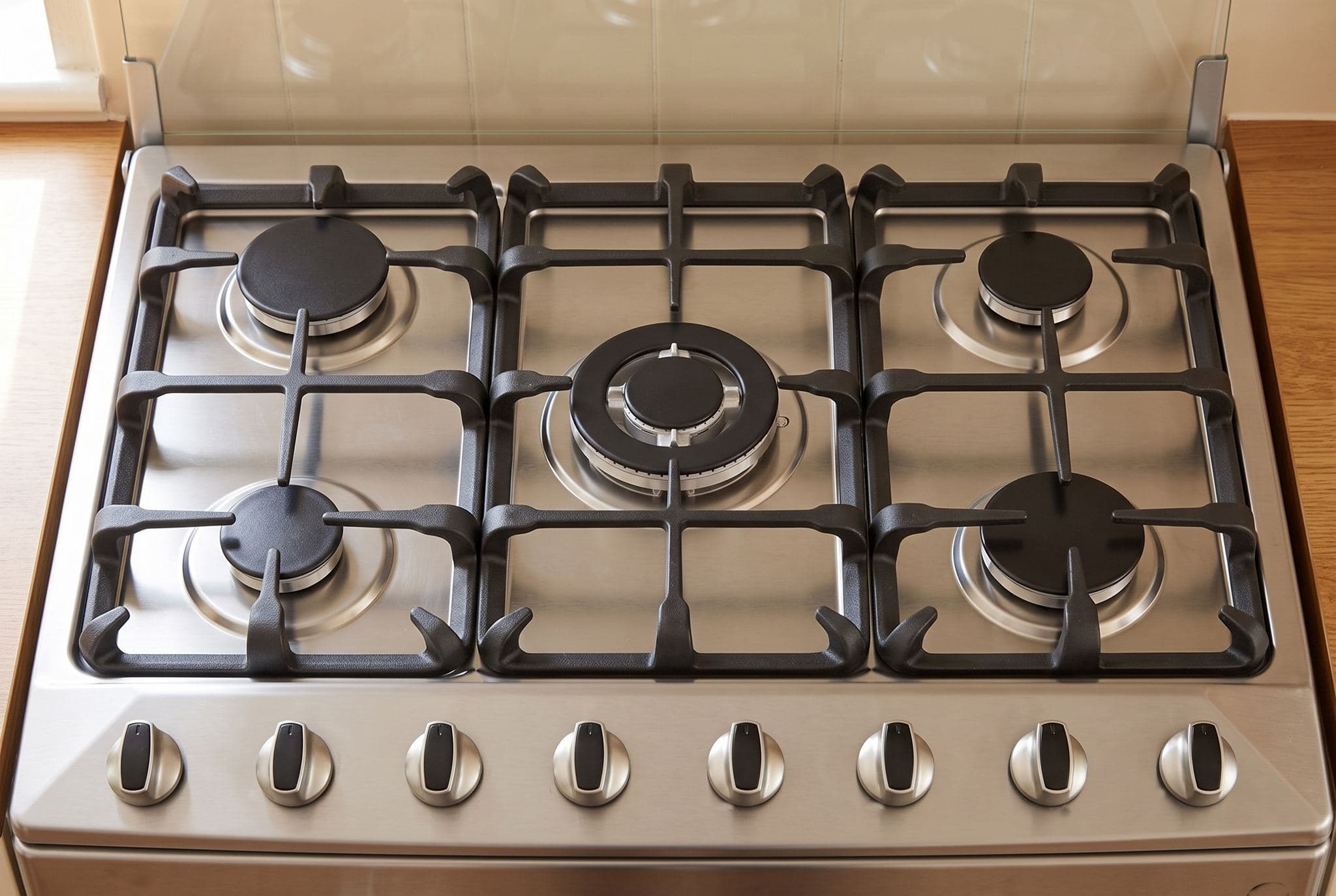 A top-down view of a stainless-steel gas cooker hob with five black-capped burners under three black cast-iron grates, a row of eight silver knobs along the front strip and a raised clear glass lid at the back, set between warm wooden worktops in daylight.