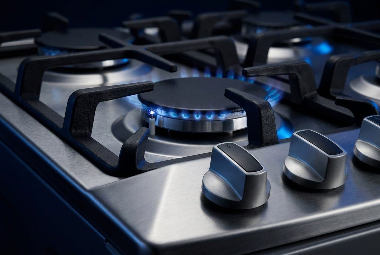 A close-up of a stainless-steel gas hob in dark blue light, with a small spark at a white ceramic electrode beside a flat black burner cap as a ring of blue flame catches, black cast-iron pan supports around it, and a row of silver knobs with black grips on the deck in front.