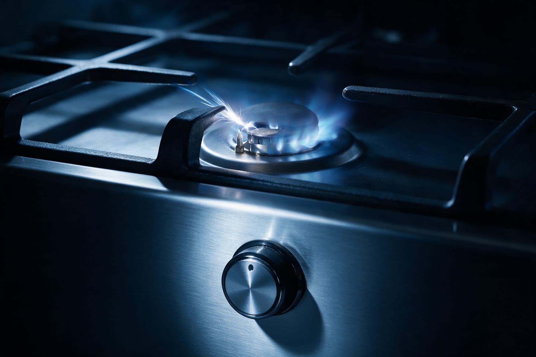 A stainless gas-cooker knob sits on the vertical front fascia below a burner catching blue flame off a spark above it, against a dark navy ground.