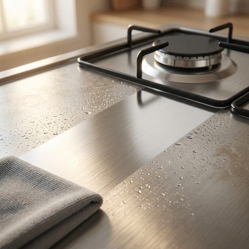A close low-angle view of a brushed stainless steel work top with water droplets and one clean bright wiped streak, a folded grey microfibre cloth at lower left, and a black wire pan support with a flat black burner cap at upper right, in warm window light.