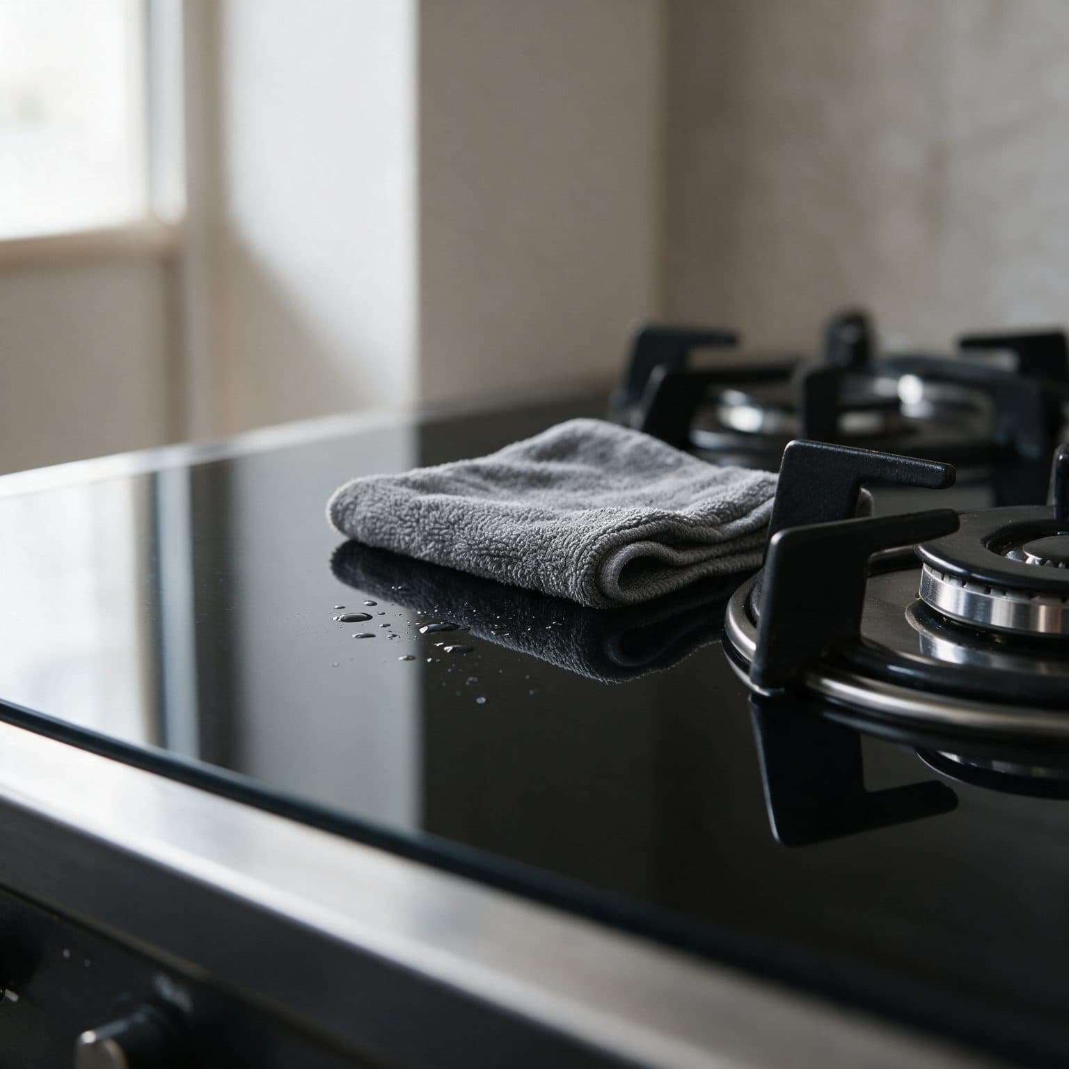A gray microfiber cloth lies folded on a glossy black glass cooktop next to a water droplet, with a black-and-steel gas burner and knob in soft warm window light.