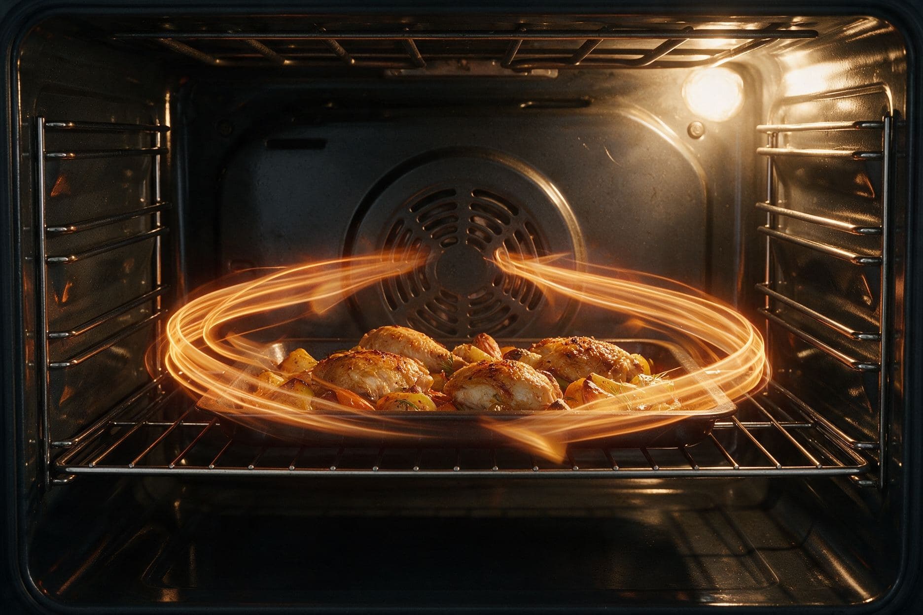 Looking into a lit oven cavity, a tray of roast chicken pieces and potatoes sits on a wire rack in front of a round slotted fan cover on the back wall, with smooth amber air ribbons looping out from the fan hub and around the food.