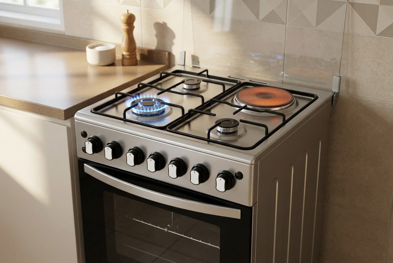 A stainless steel gas cooker sits in a sunlit kitchen corner, one burner burning blue at the front-left and the hot plate glowing orange at the back-right, with a third unlit gas burner also visible on the hob.