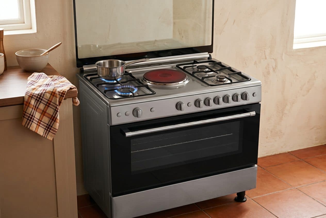 A stainless steel gas range sits in a warm, sunlit kitchen with its glass hob lid raised, showing four gas burners (one lit with a blue flame) flanking a central hot plate glowing red, oven door closed below.