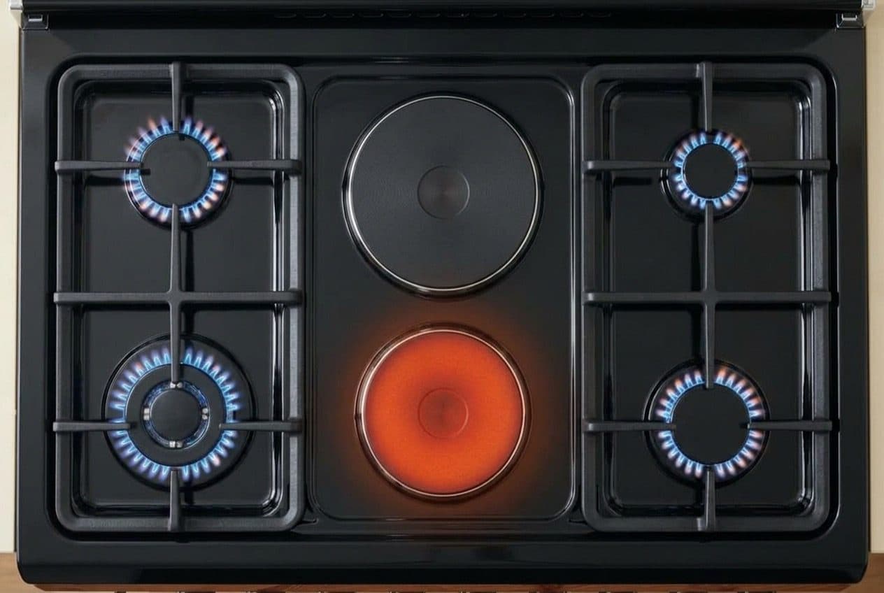 A top-down view of a black enamel hob with four lit blue-flame gas burners in two pairs, one on each side, and two round electric hot plates stacked in the middle, the lower one glowing orange-red.