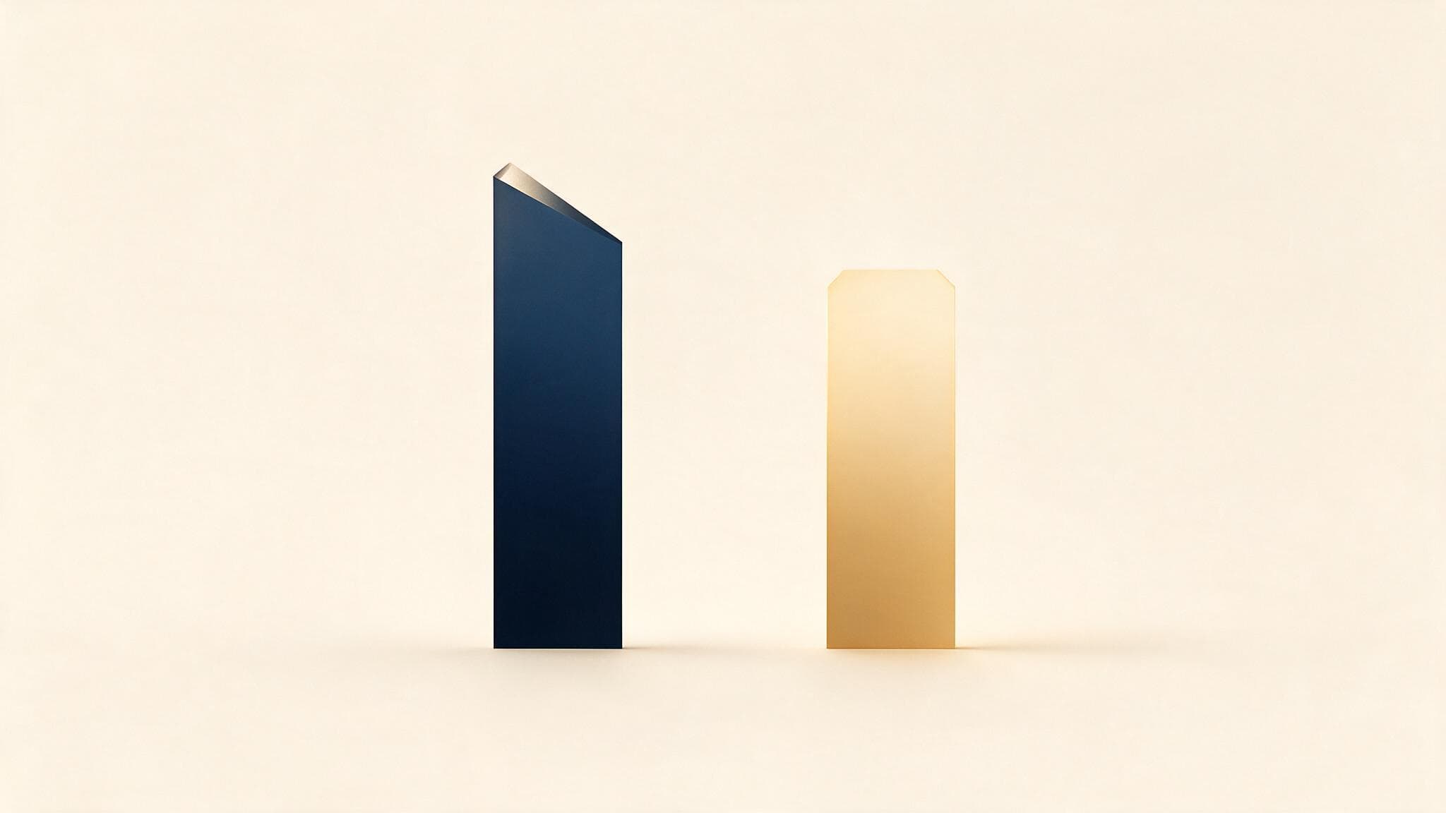 A dark navy chart: two vertical meter bars, a tall dull grey one beside a shorter glowing blue one, with a downward arrow beneath.