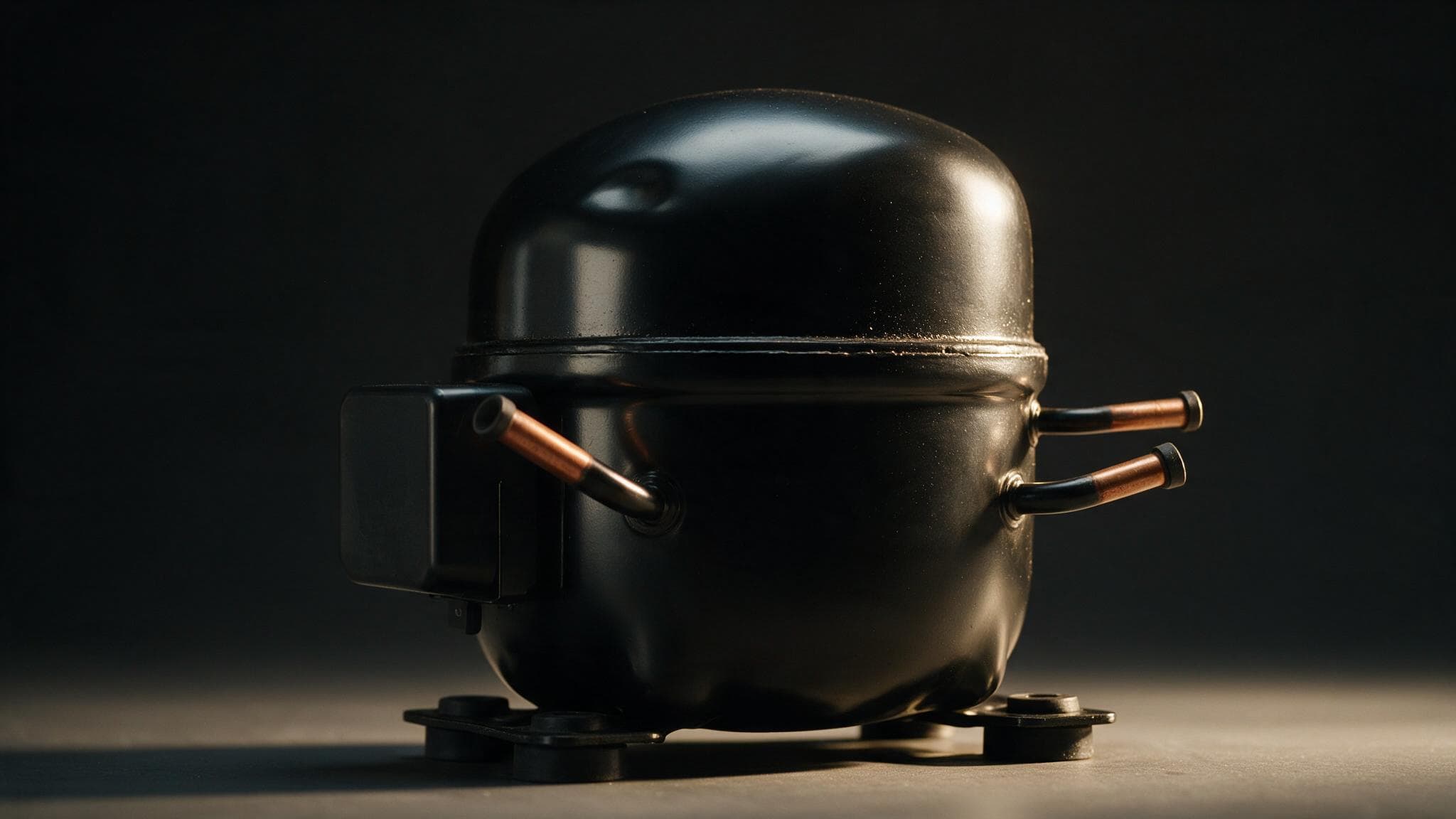 A black domed compressor with copper pipes running out of it, lit against a dark background.