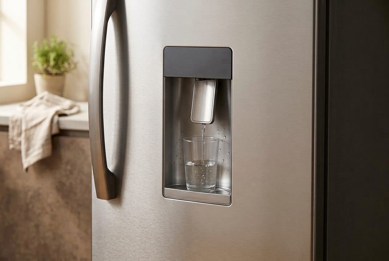 A stainless water dispenser set into a fridge door fills a glass in a warm, sunlit kitchen.