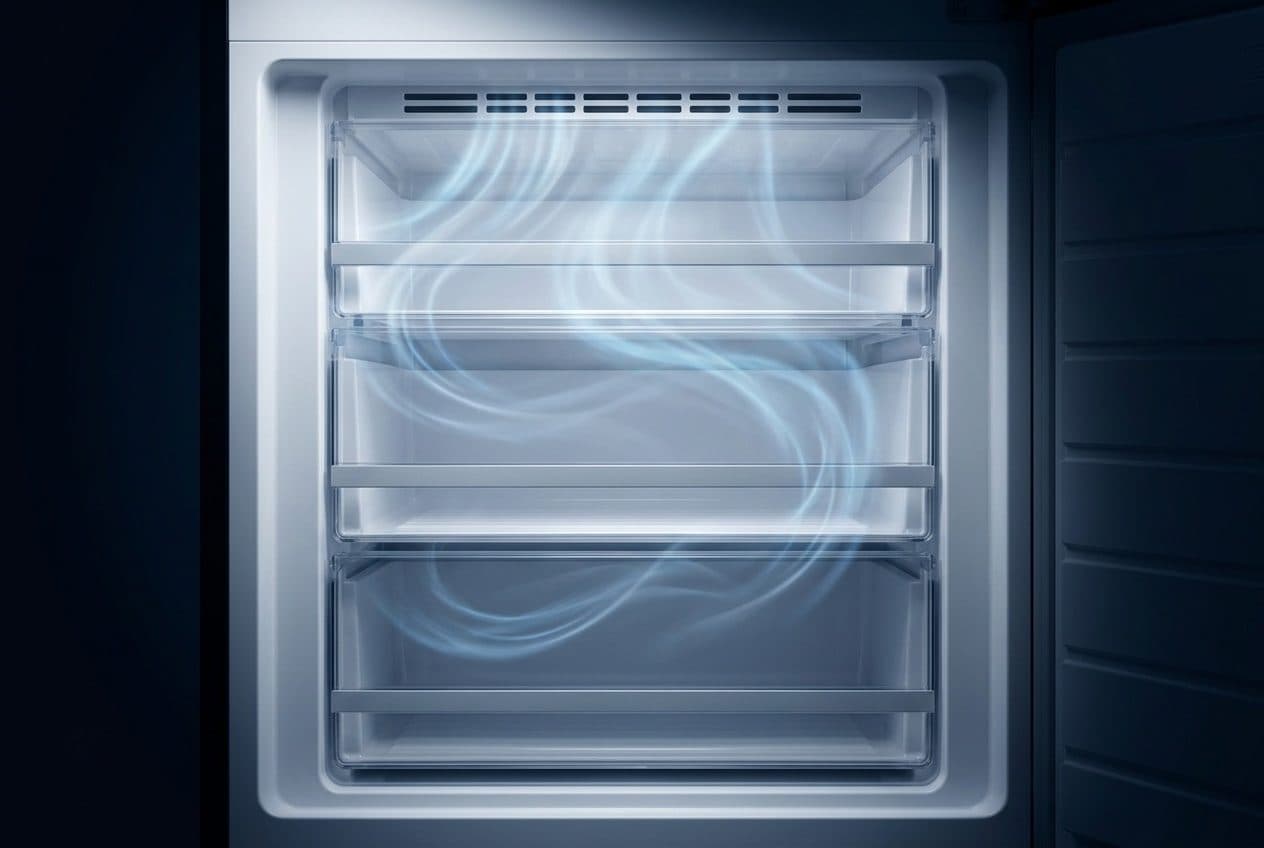 An open, empty freezer compartment with three stacked clear drawers inside a light-grey liner, a row of air vents across the top, and blue-white wisps of cold air curling through it against a dark background.