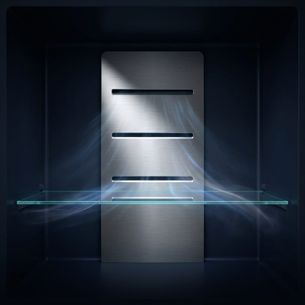 A brushed-stainless duct panel with three recessed horizontal slot vents stands against the dark cabinet back wall, with a single continuous glass shelf running unbroken in front of it, cold-blue light trails swirling around both.