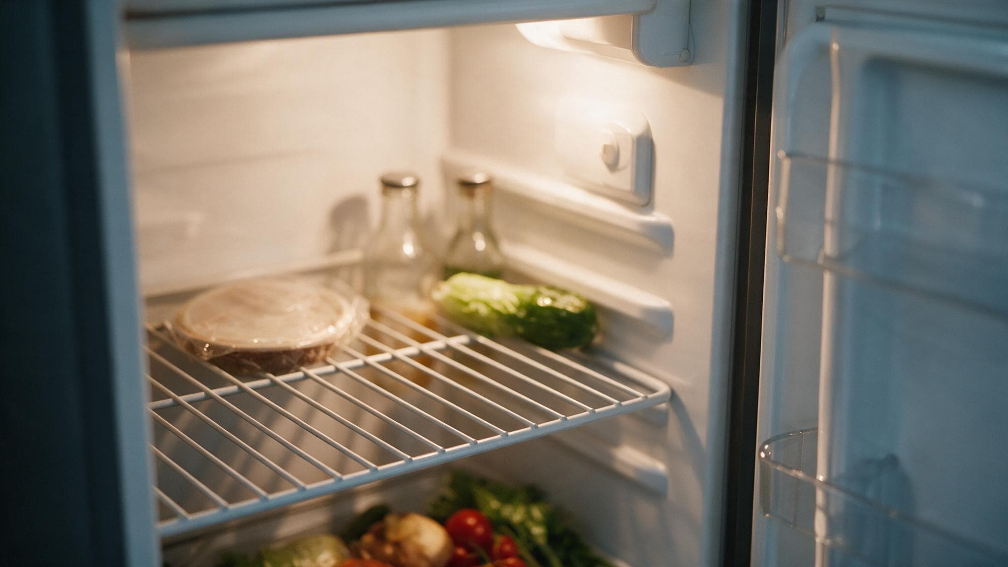 A white wire shelf inside a fridge, carrying a covered dish, with bottles and a head of greens on the shelf behind it.