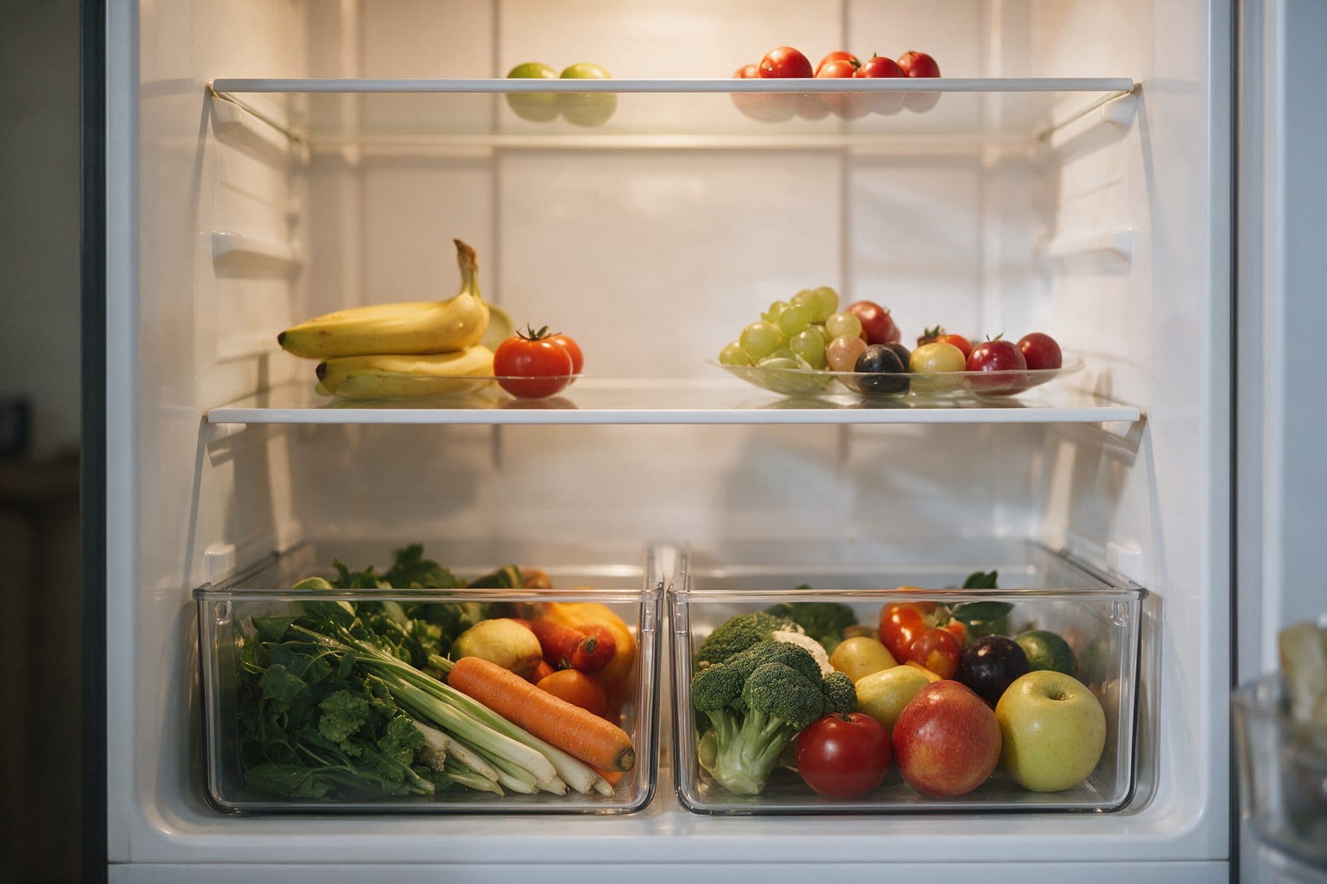 Two clear glass shelves holding fruit sit above two clear produce drawers, all under warm interior lighting.