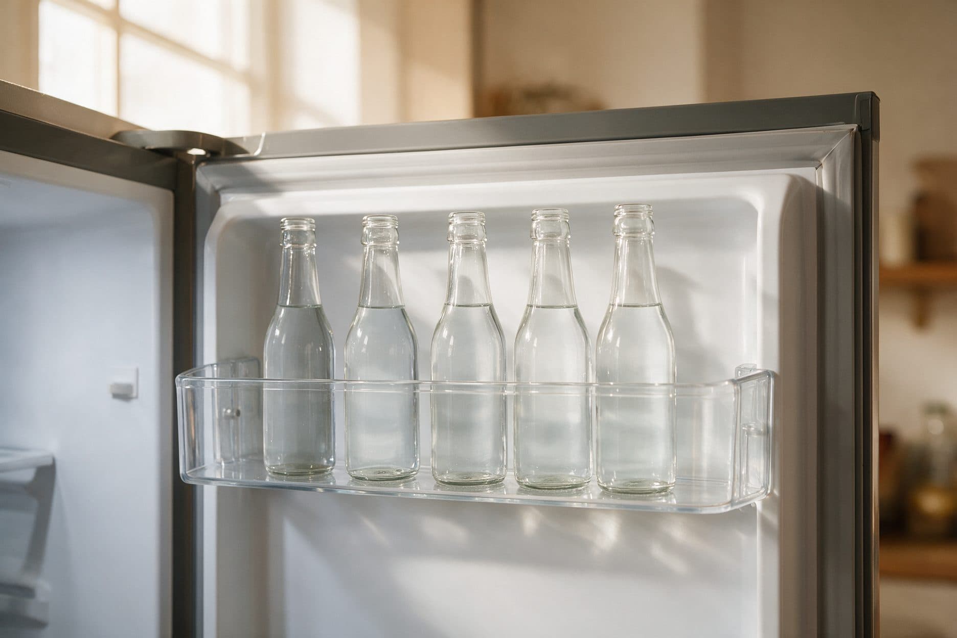A clear plastic refrigerator door balcony holds five empty glass bottles standing upright, shot in a warm sunlit kitchen with a window behind.