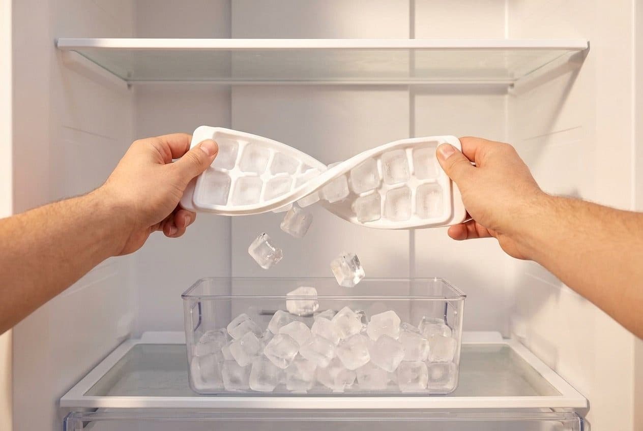 Two hands hold the ends of a white ice-cube tray and twist it into an S-shape while ice cubes drop from the cells into a clear bin of ice on a glass shelf inside a bright white freezer.